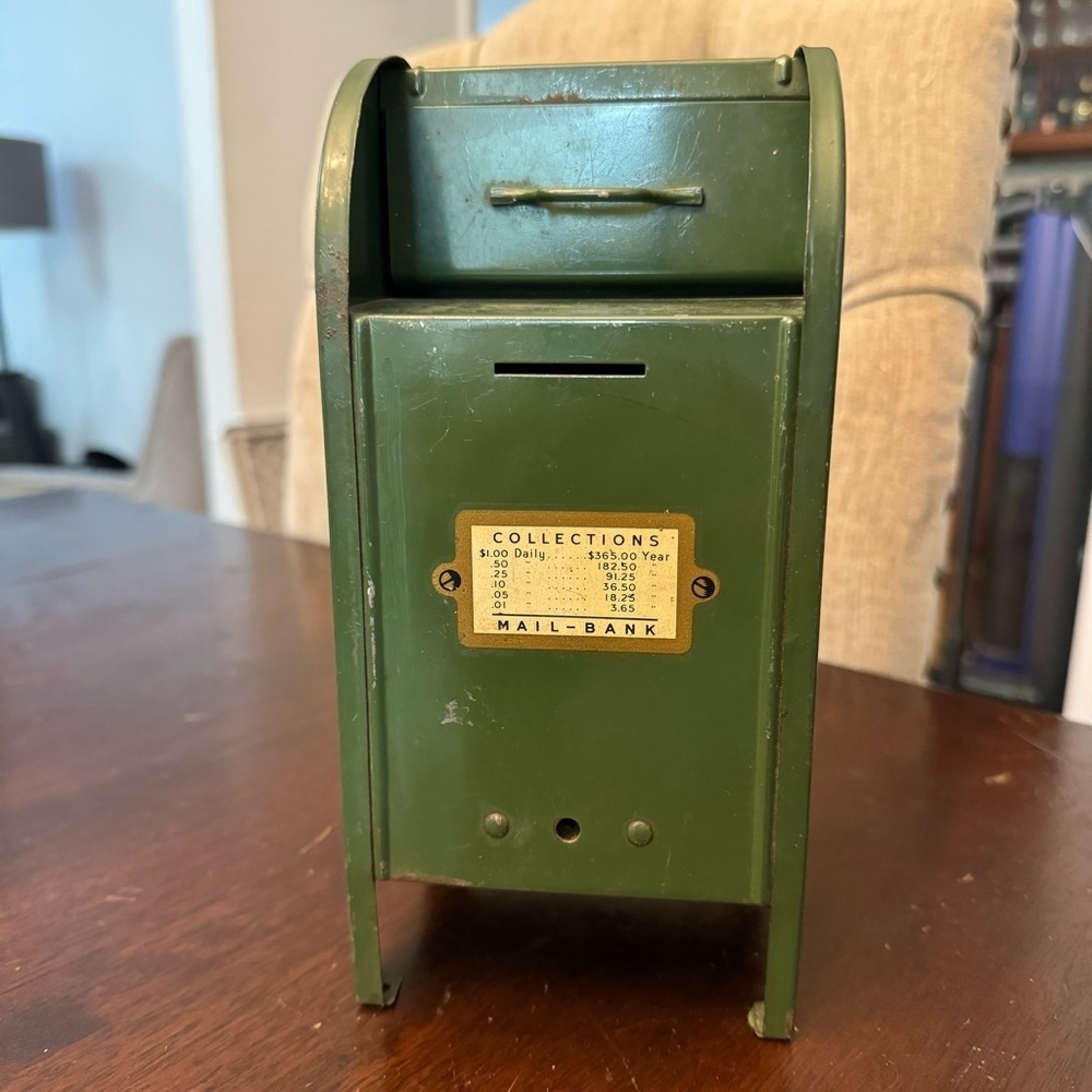 Vintage Mailbox Bank All American 9" Tall Steel Collection Box 1950/60s Green
